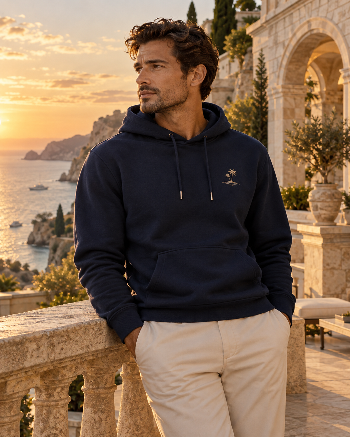 Model wearing navy hoodie